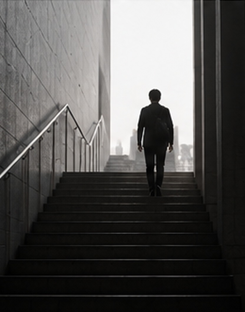 暗い階段を上って、明るい出口へ向かっていく人物の後ろ姿